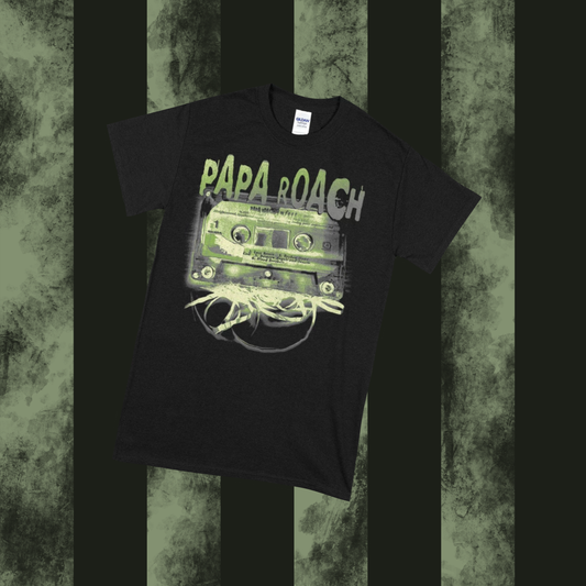 Black t-shirt with 'Papa Roach' graphic design on a textured green background