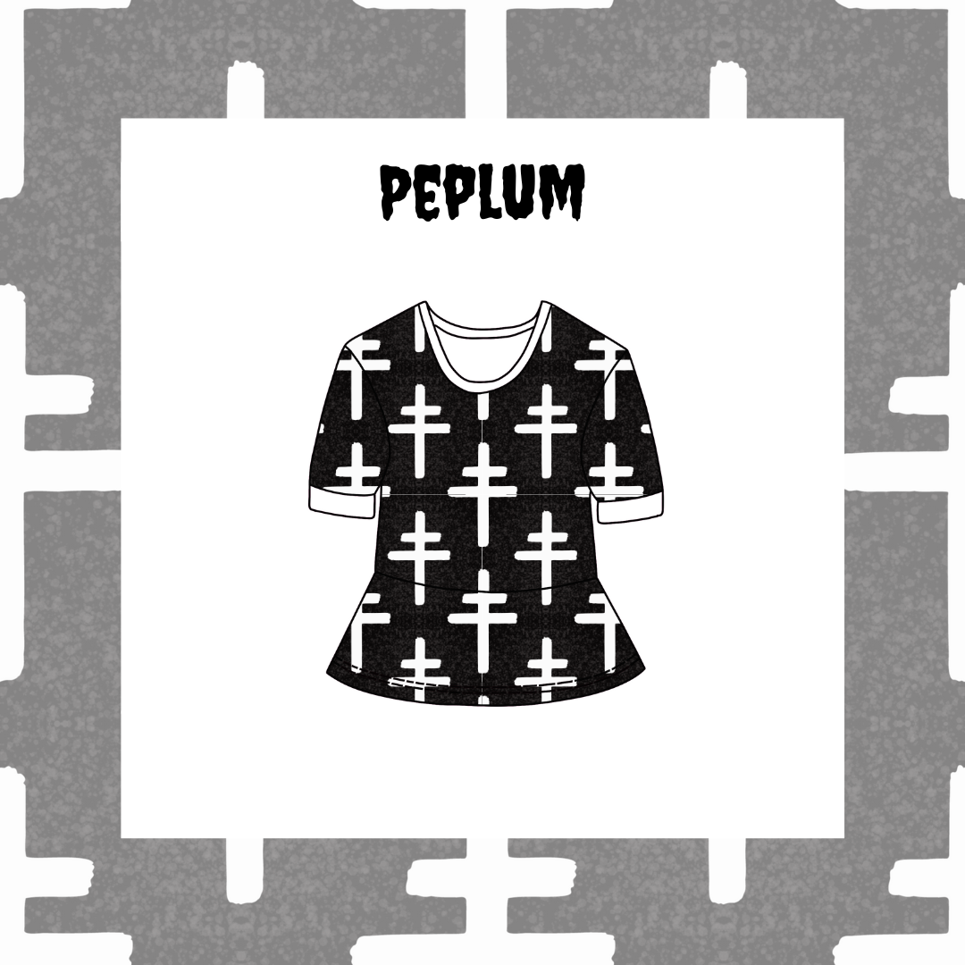 Black t-shirt with white cross pattern on a gray background with 'PEPLUM' text.
