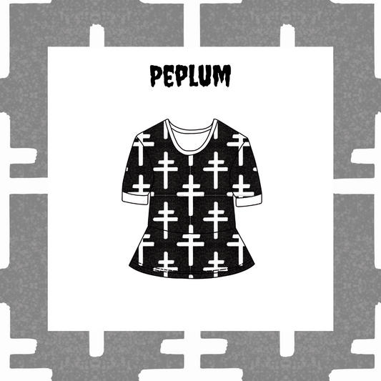 Black t-shirt with white cross pattern on a gray background with 'PEPLUM' text.