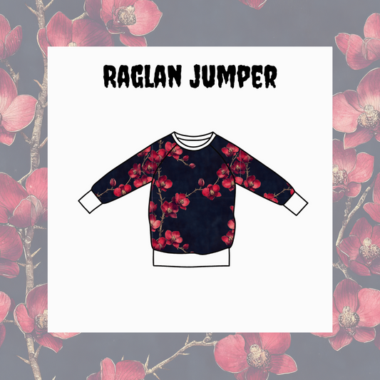 Floral raglan jumper design with 'Raglan Jumper' text on a floral background