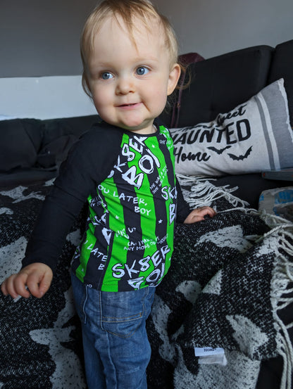 An Alt Originals customer wearing a handmade alternative long-sleeved raglan