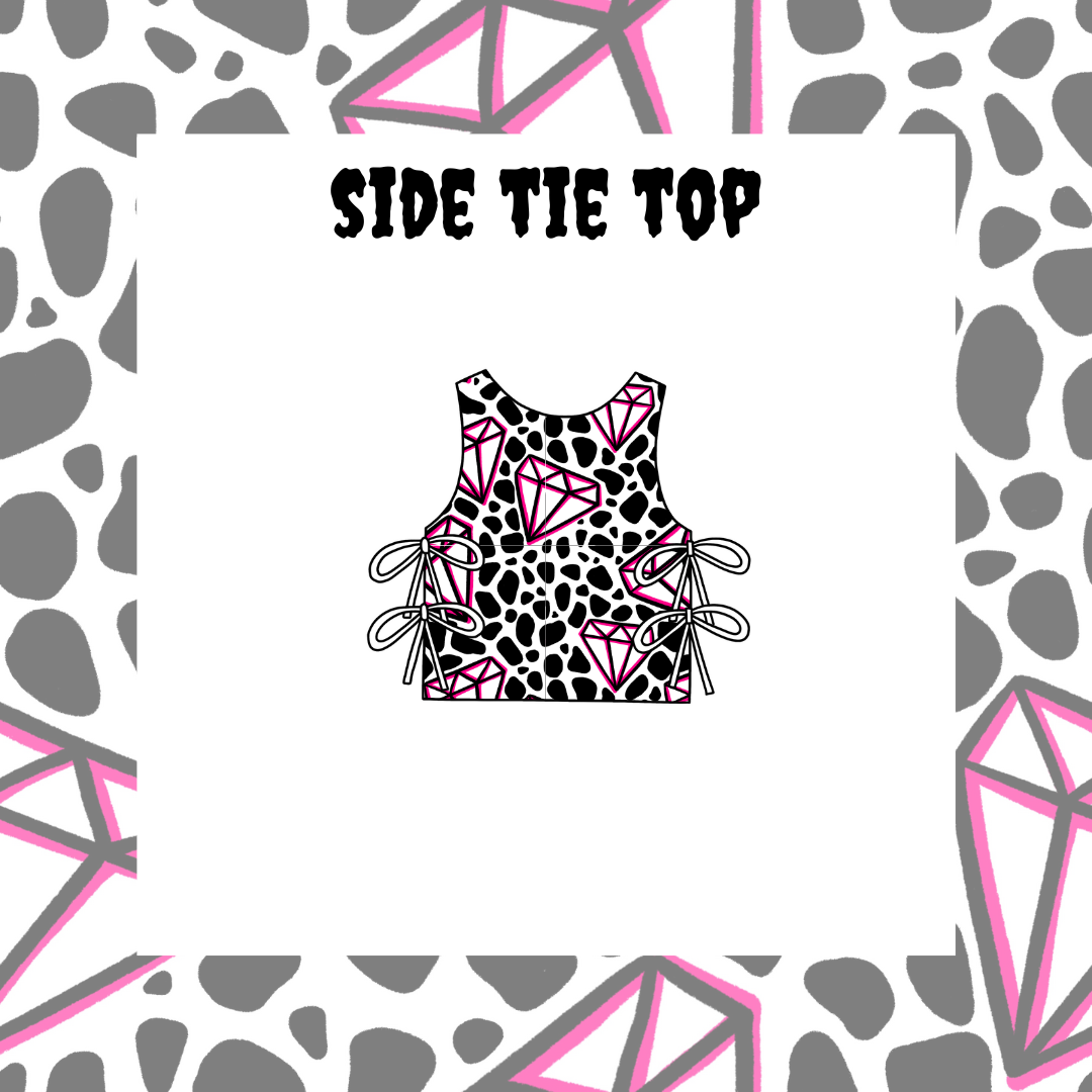 Illustration of a side tie top for adults with a leopard print pattern and pink diamond embellishments.