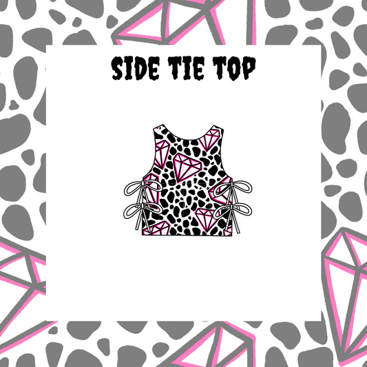 Illustration of a side tie top for adults with a leopard print pattern and pink diamond embellishments.