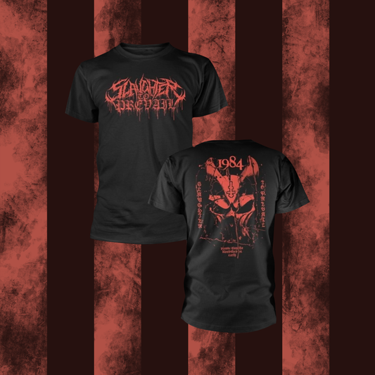 Black SLAUGHTER TO PREVAIL t-shirt with red graphic design on a textured red background