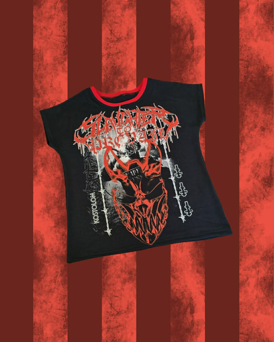 A black short-sleeve graphic t-shirt with a red collar, featuring a red and white horror-themed design with the text 'SLAUGHTER TO PREVAIL ' and a demonic face graphic, displayed against a red and dark red striped background.