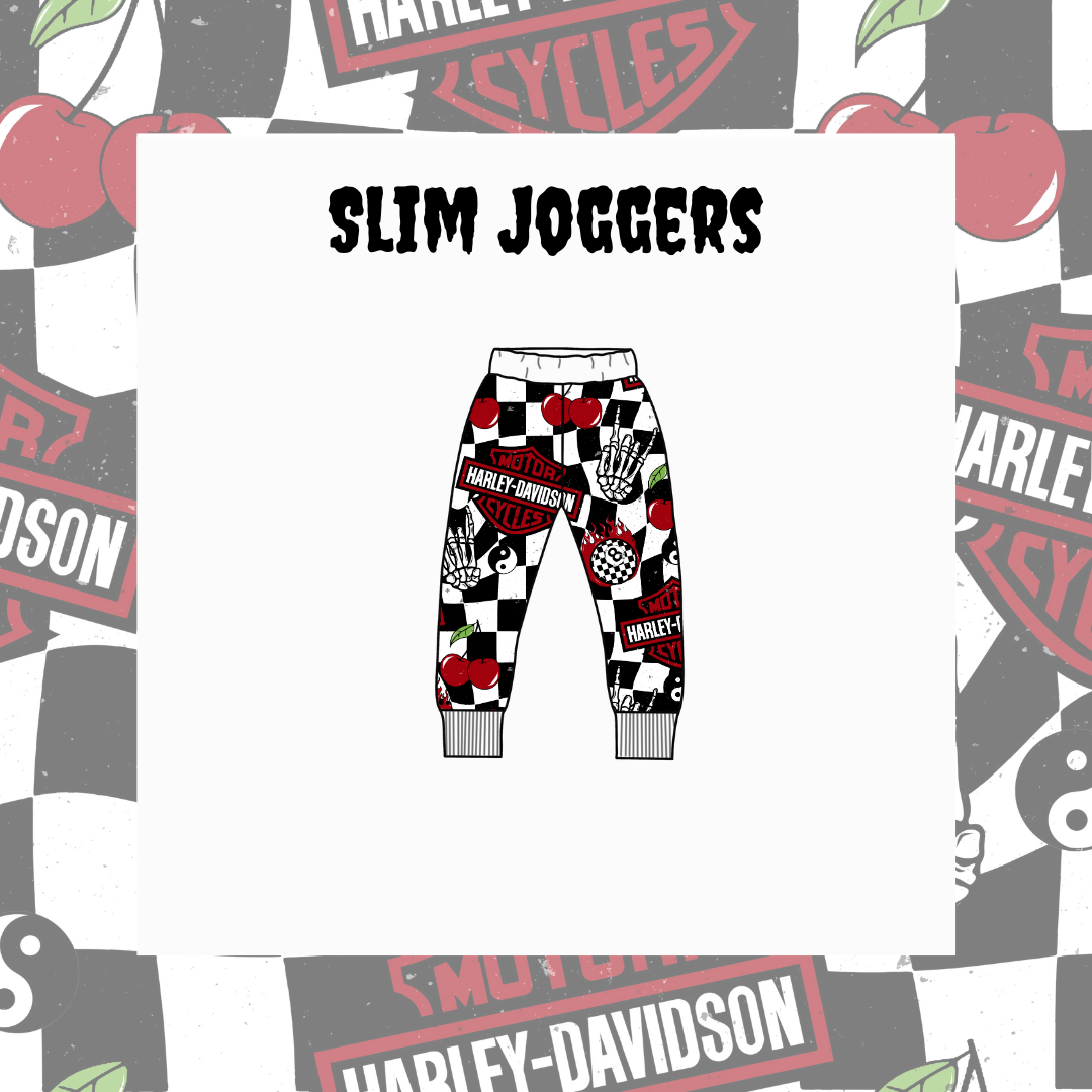 Slim joggers with checkered pattern on a Harley-Davidson branded background