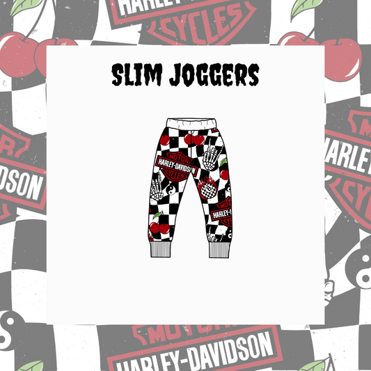 Slim joggers with checkered pattern on a Harley-Davidson branded background