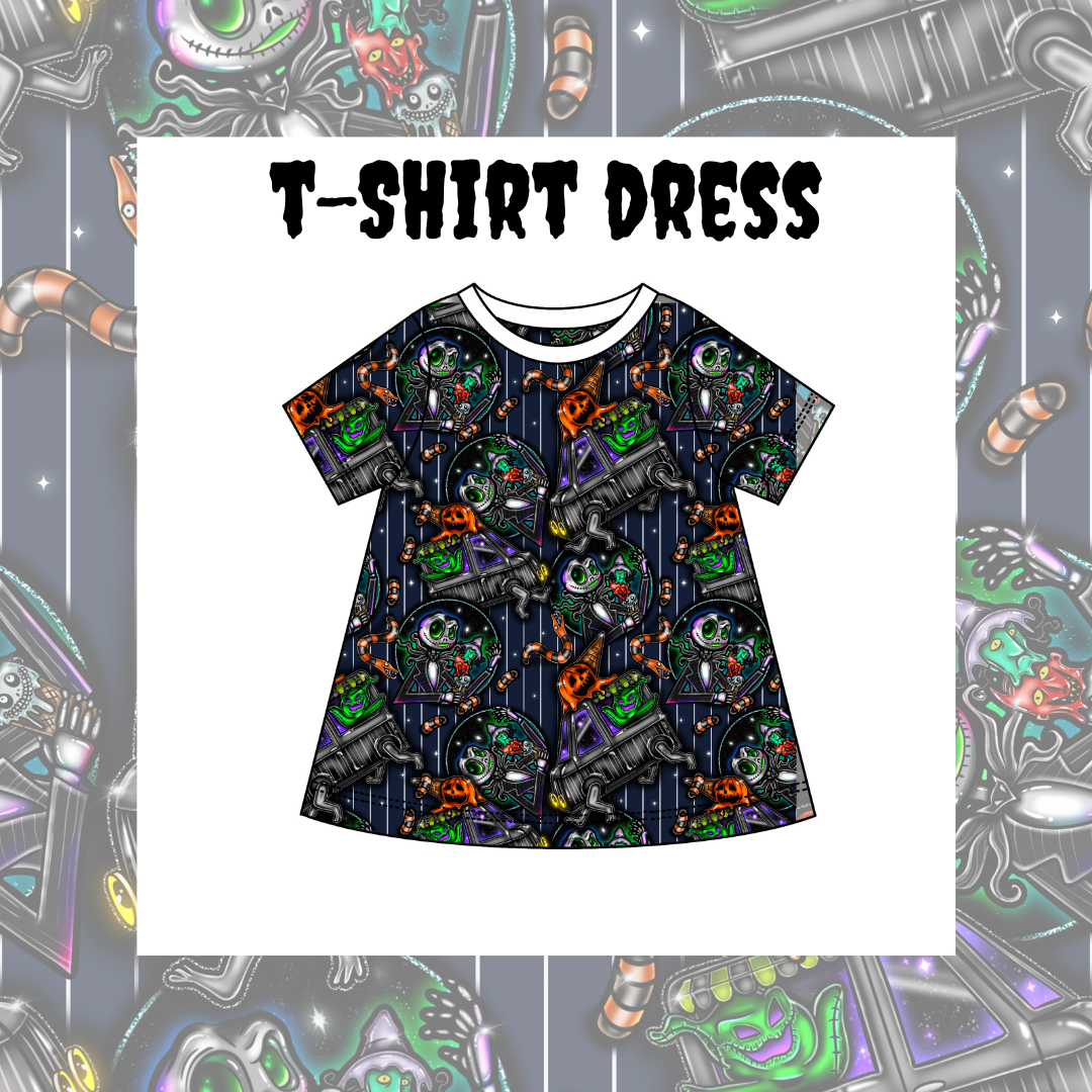 A kids' T-shirt dress with a colorful character pattern.