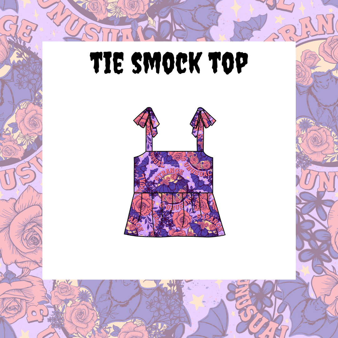 An illustration of a tie smock top with a floral pattern on a purple background, displayed against a patterned background with the text 'TIE SMOCK TOP'.