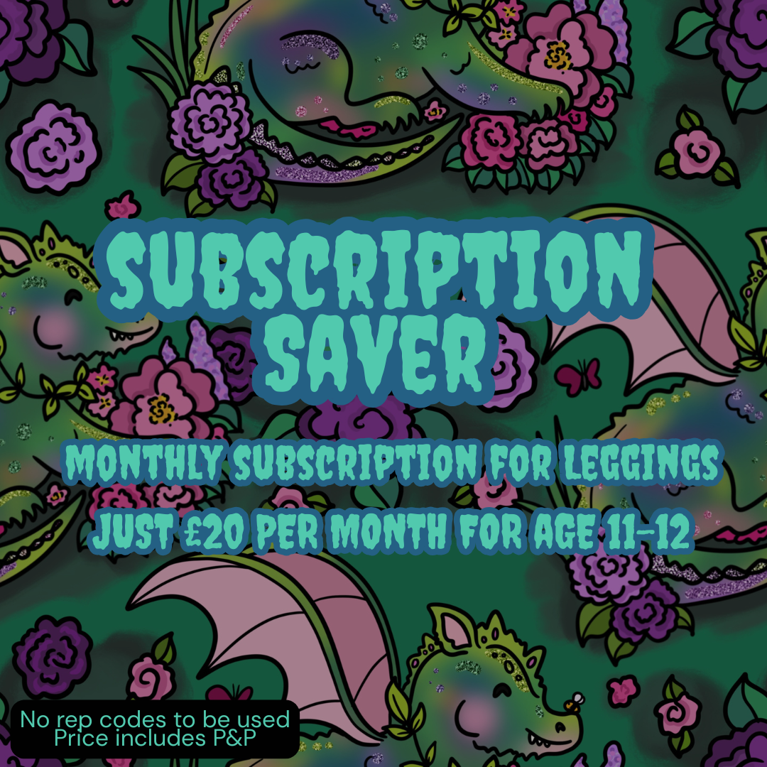 Promotional graphic for a 'Subscription Saver' monthly subscription for leggings. The design features a vibrant, cartoon-style dragon and floral pattern on a dark green background, with bold text in the center reading 'SUBSCRIPTION SAVER' and additional pricing details.