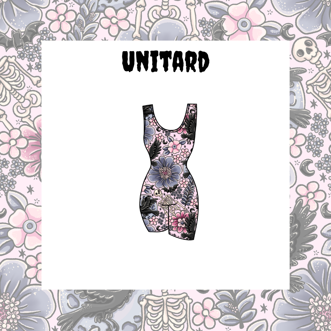 A floral print short unitard for adults with the brand name 'Untard' displayed at the top