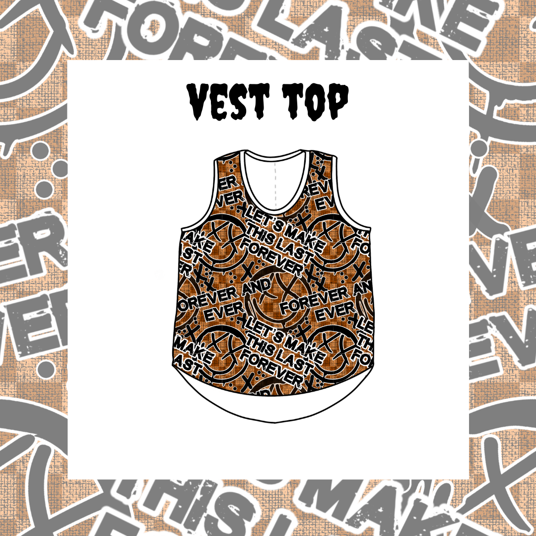 A vest top with a printed design, predominantly in brown tones, displayed on a white background with the text 'VEST TOP' above.