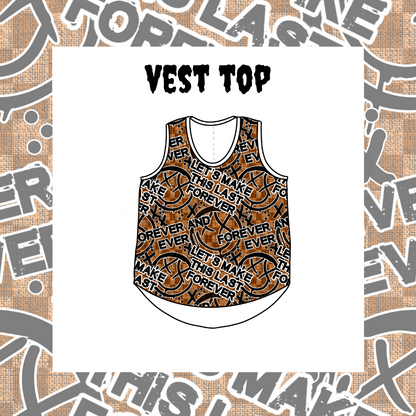 A vest top with a printed design, predominantly in brown tones, displayed on a white background with the text 'VEST TOP' above.