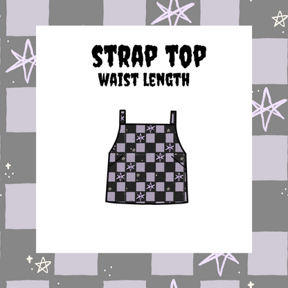 A black and white checkered strap top with a waist-length design, displayed against a background with star patterns.