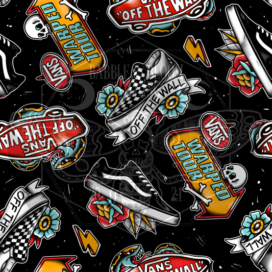 A repeating seamless pattern featuring classic Vans 'Off The Wall' tour graphics, including sneakers, banners, skulls, and lightning bolts on a black background.