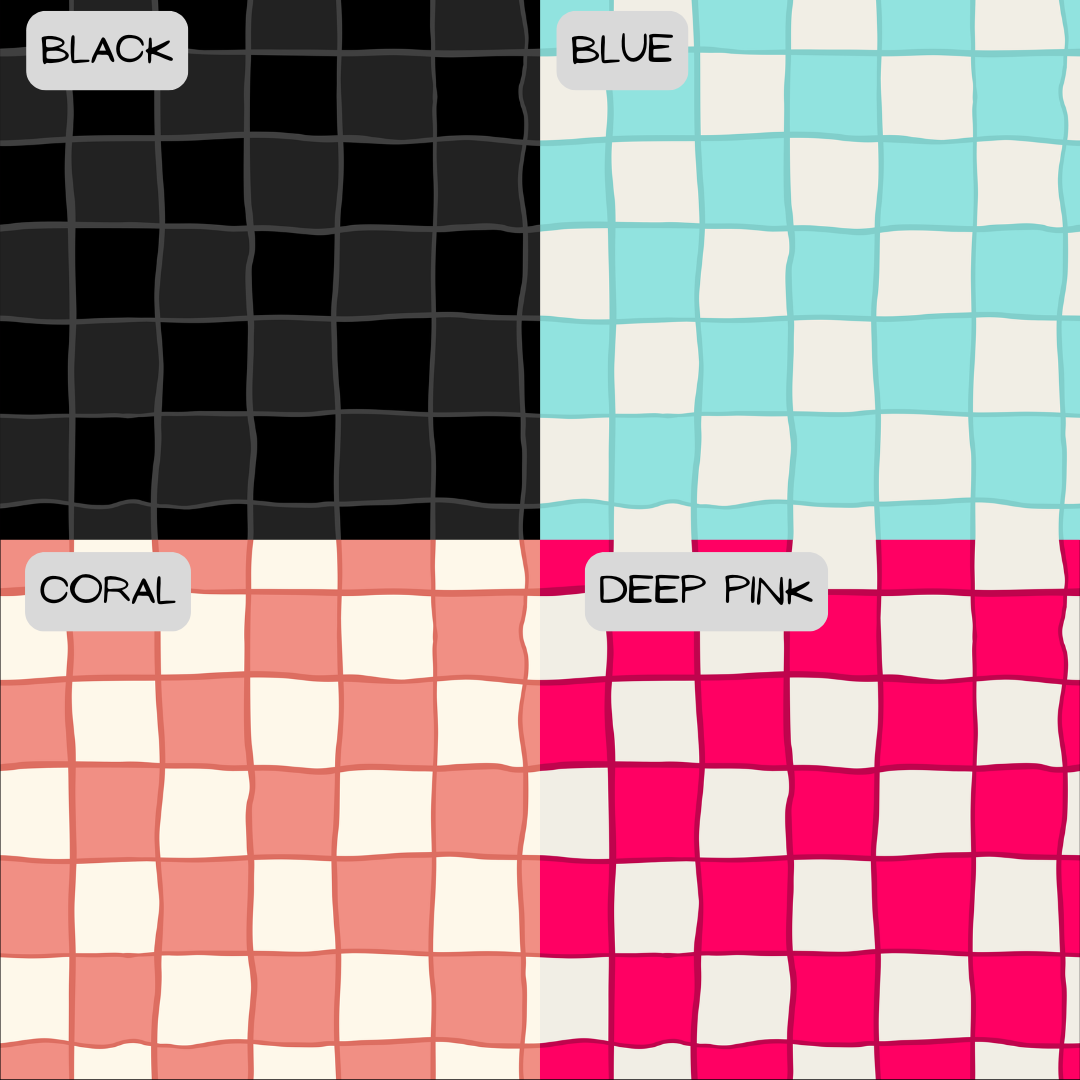 Checkered pattern with labeled colors: Black, Blue, Coral, Deep Pink.