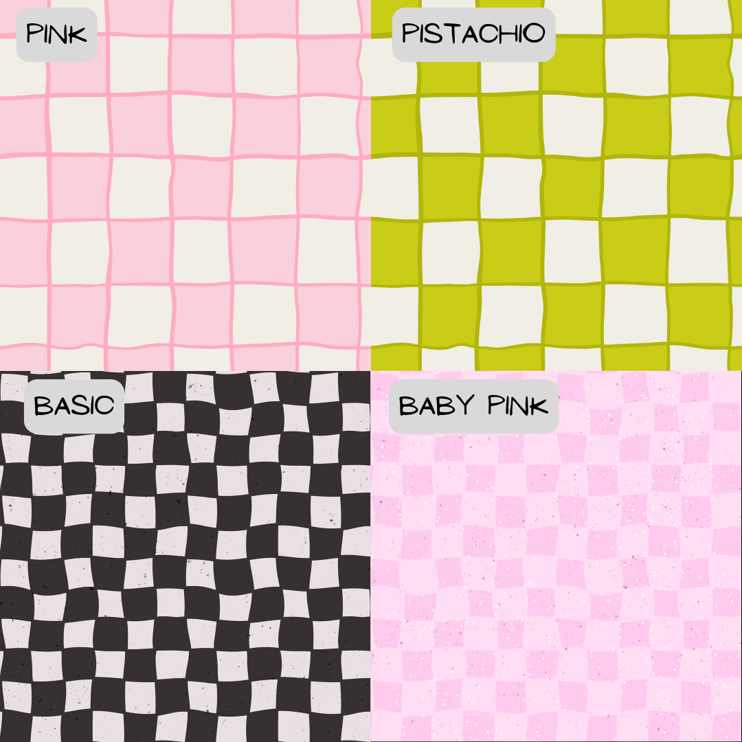 Checkered fabric swatches in various patterns and colors.