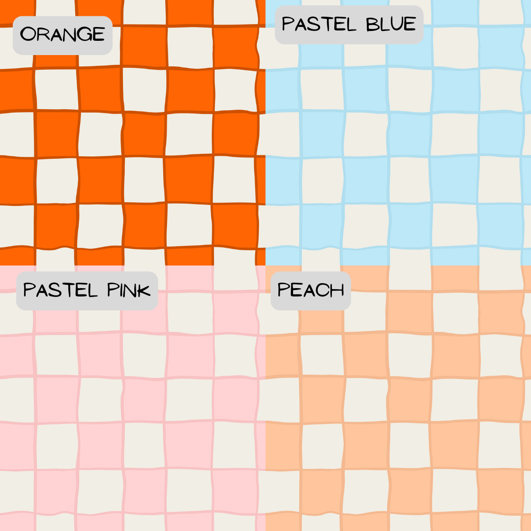 Checkered pattern with labeled colors orange, pastel blue, pastel pink, and peach.