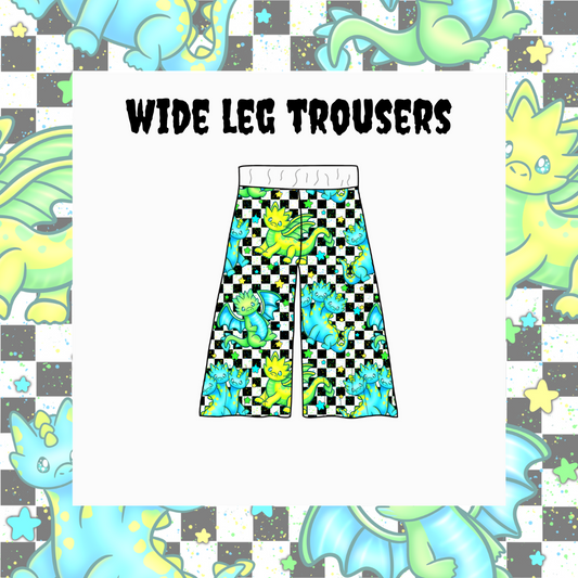 Wide leg trousers with dragon design on a checkered background